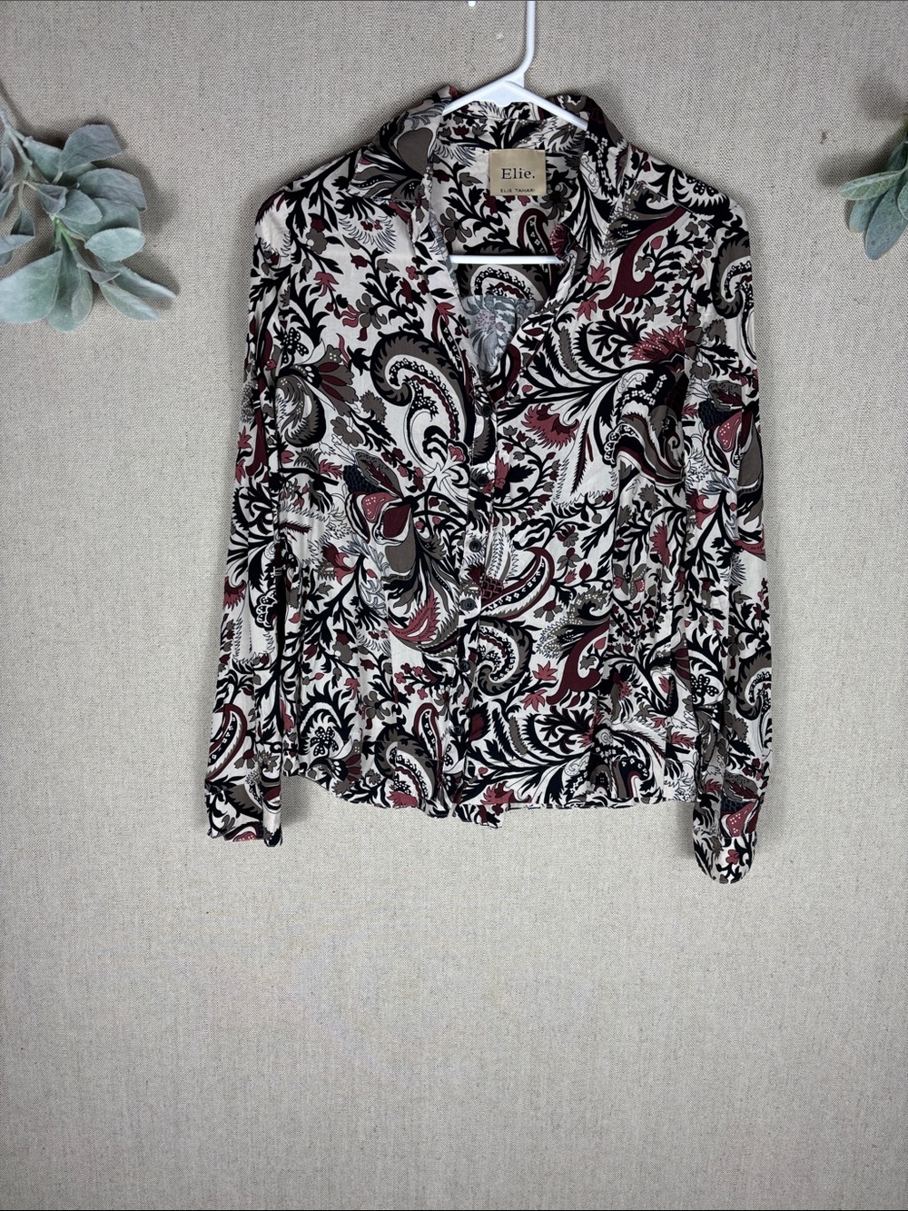 Elie Tahari > Paisley Button-Up Blouse in Cream, Black & Burgundy Small
